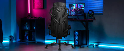 Ergonomischer Bürostuhl in Gaming-Umgebung mit farbiger Beleuchtung