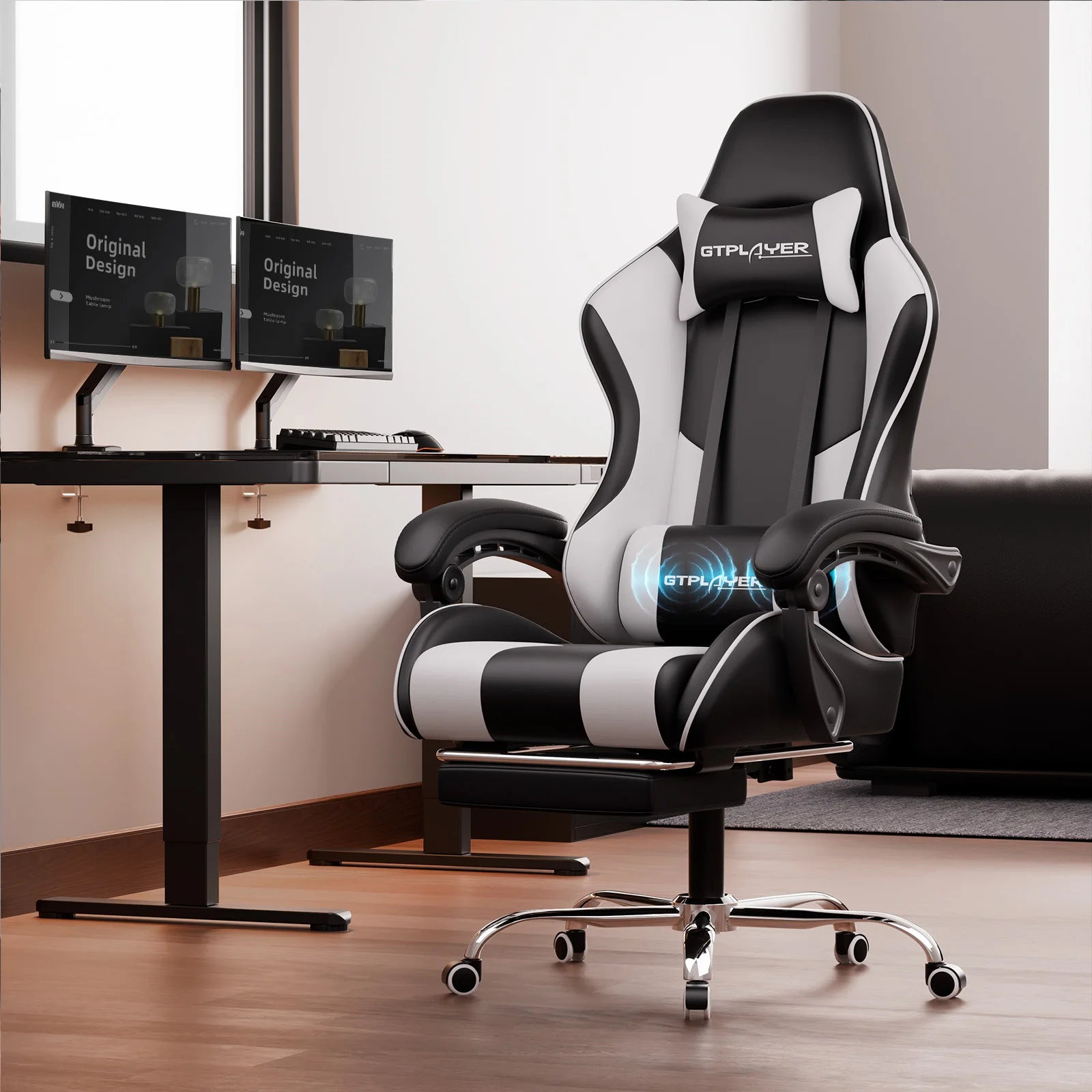 Gaming-Stuhl mit Massage und Fußstütze am Schreibtisch – Anwendungsansicht