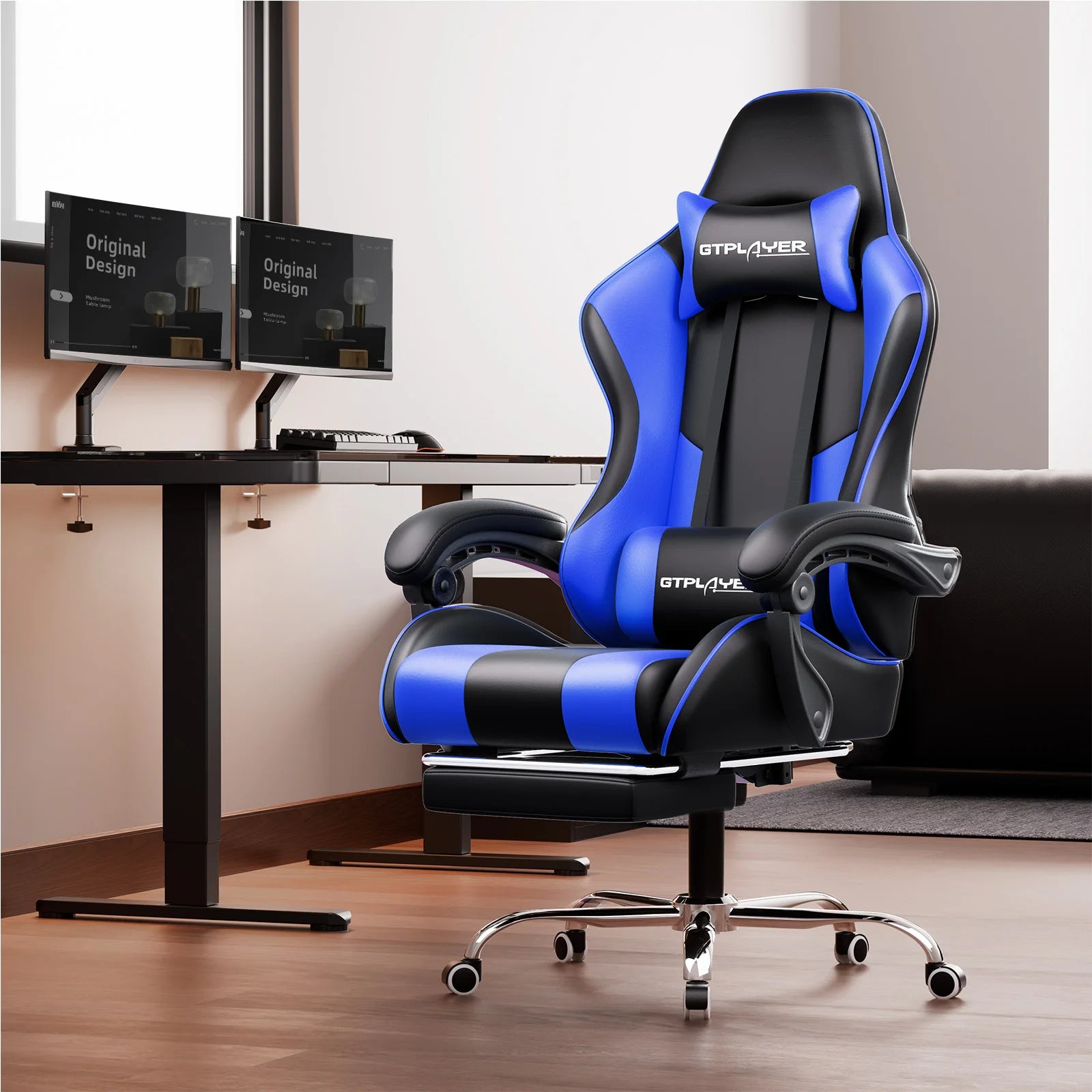 Gaming-Stuhl mit Massage und Fußstütze – blaue Variante am Schreibtisch