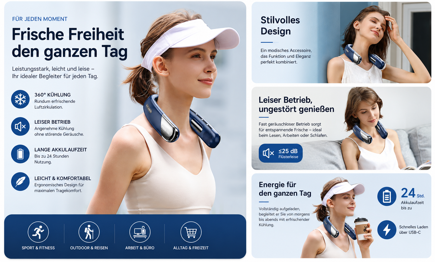 Leiser Tragbarer Nackenventilator mit LED-Display und 5 Windstufen