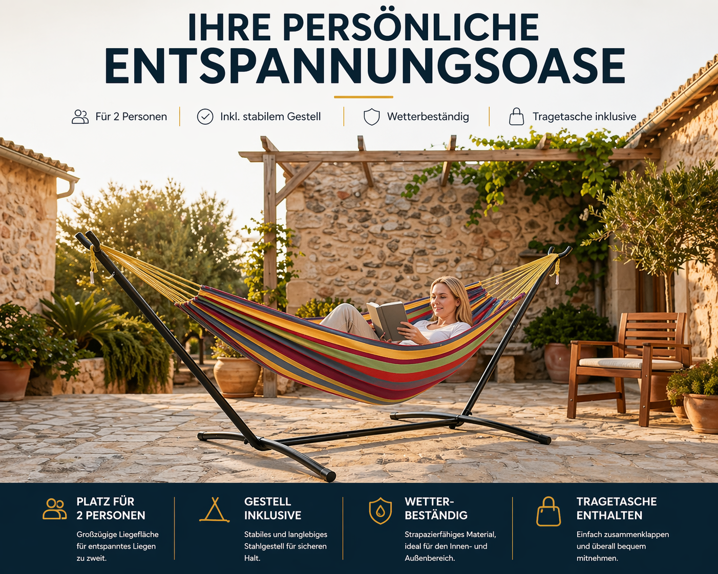 Doppel-Hängematte mit Gestell für 2 Personen – Outdoor & Indoor – Tragbare Gartenhängematte mit Stahlrahmen, 200 kg belastbar, inkl. Tragetasche