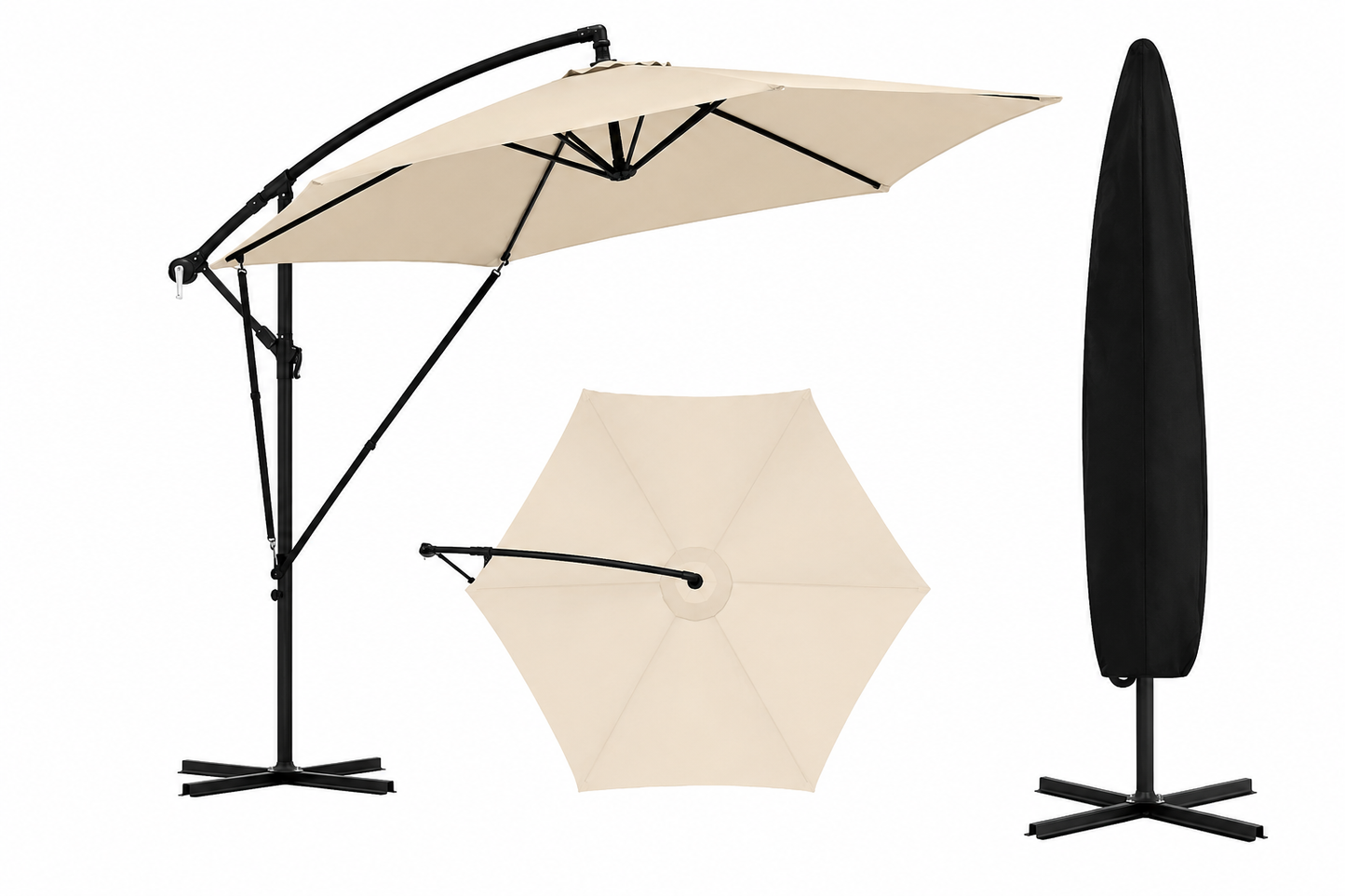 Freiarm Sonnenschirm 310 × 310 cm in Beige mit seitlichem Gestell und schwarzer Schutzhülle