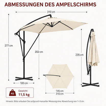 Freiarm Sonnenschirm 310 × 310 cm mit Maßangaben und seitlichem Mast