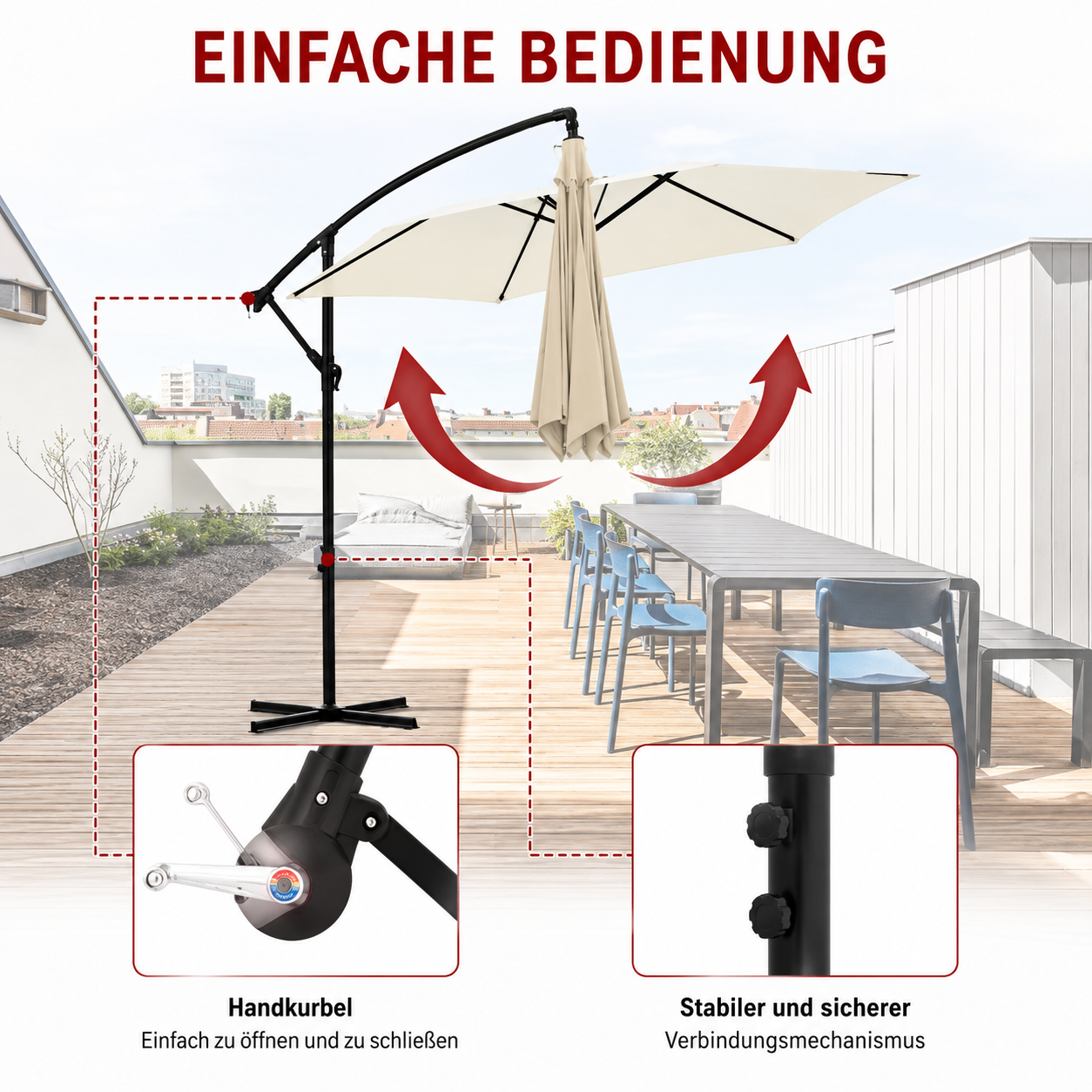 Freiarm Sonnenschirm mit verstellbarer Neigungsfunktion für unterschiedliche Sonnenstände