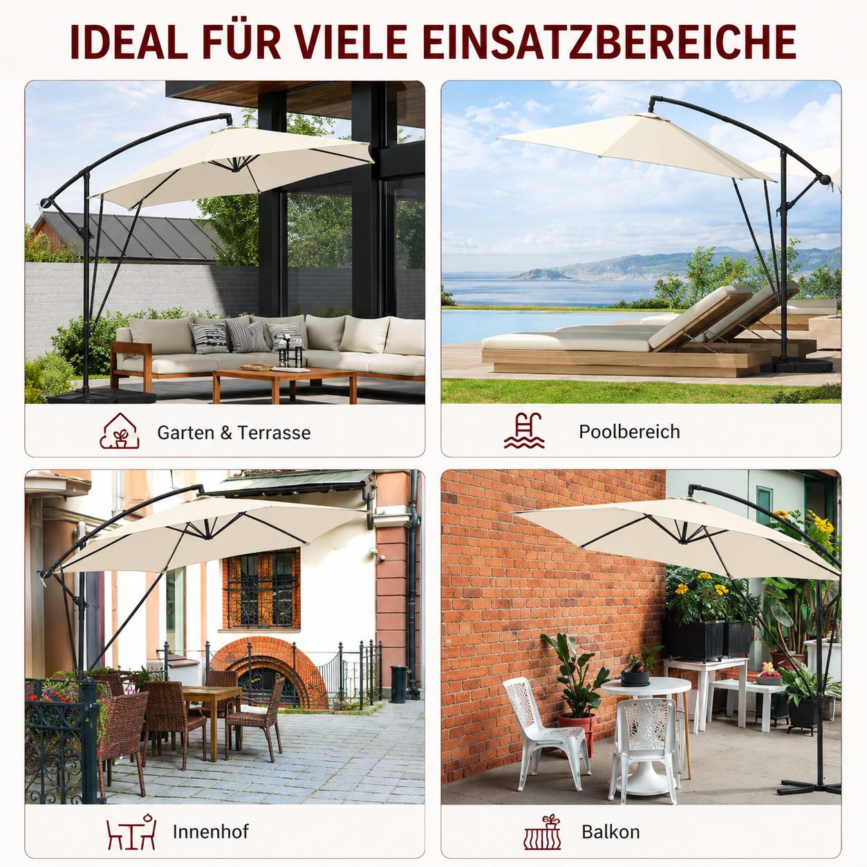 Freiarm Sonnenschirm für Terrasse und Garten mit flexibler Ausrichtung der Schattenfläche