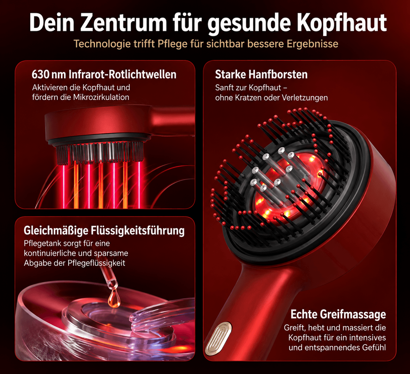 Elektrisches Kopfhautmassagegerät mit 630-nm-Rotlicht und Massagekopf