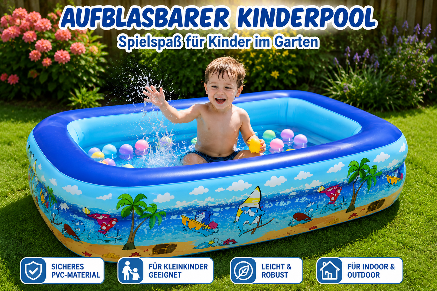 Aufblasbarer Familienpool – Rechteckiges Kinderpool & Planschbecken für Garten und Sommer