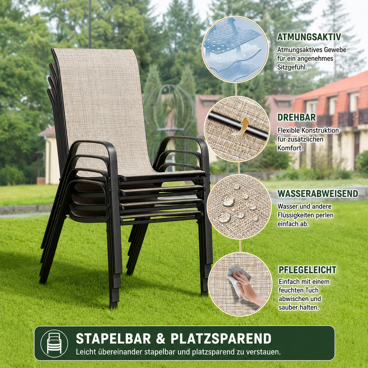 6er-Set stapelbare Terrassenstühle – Gartenstuhl mit Armlehnen im grünen Außenbereich