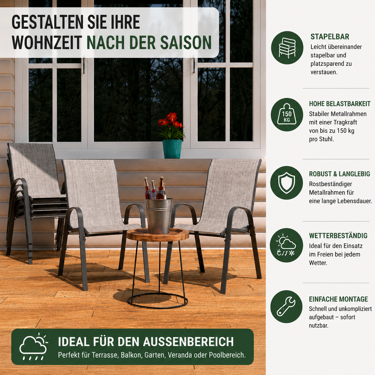 6er-Set stapelbare Terrassenstühle – Infografik mit Produktdetails zu Rahmen und Mesh-Gewebe