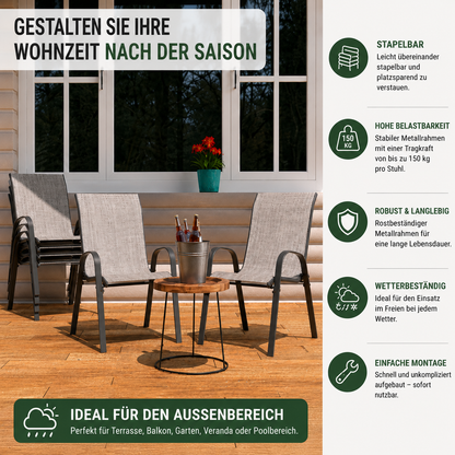 6er-Set stapelbare Terrassenstühle – Infografik mit Produktdetails zu Rahmen und Mesh-Gewebe