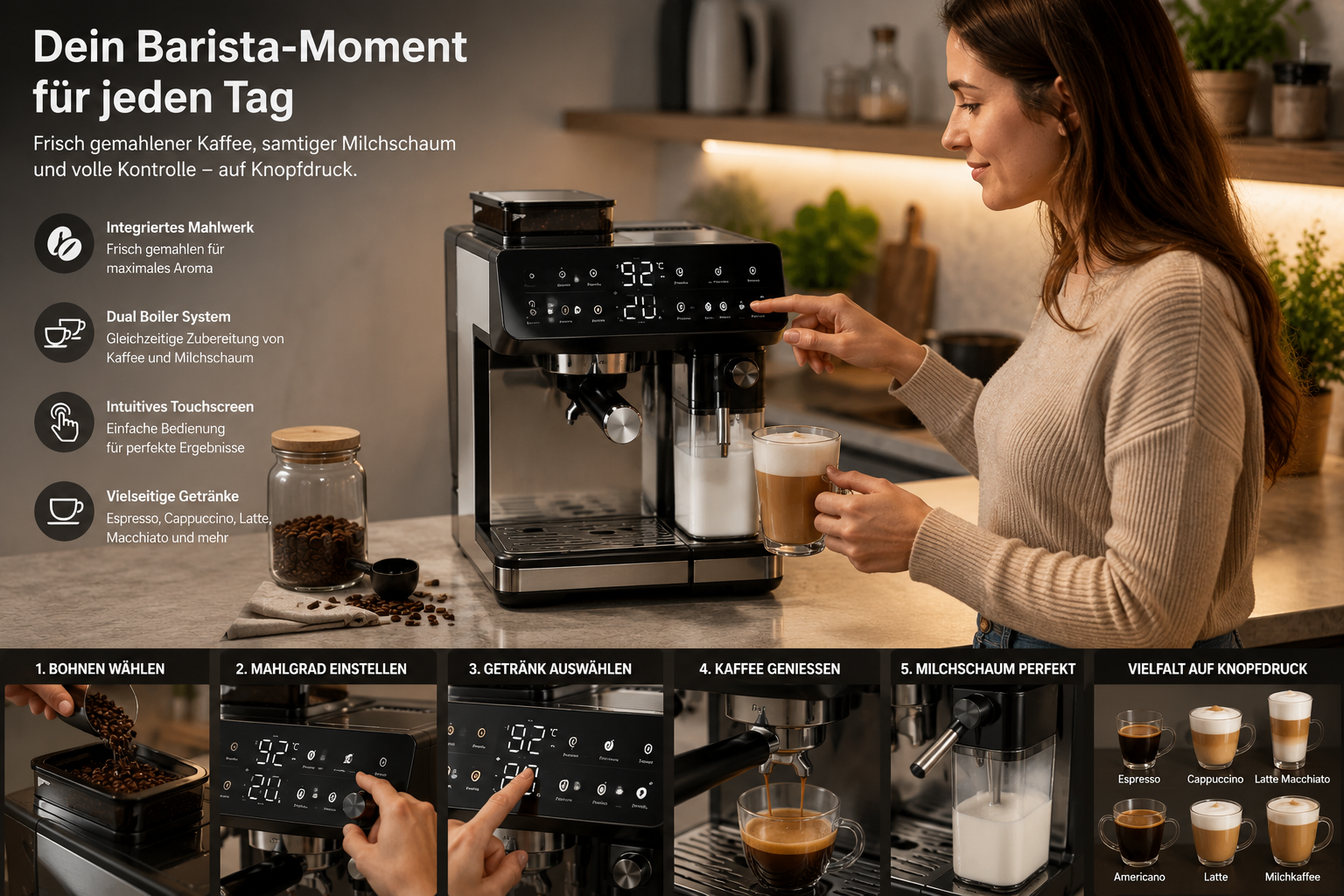 Siebträger-Kaffeemaschine im eingerichteten Küchen- und Kaffeebereich