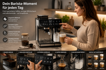 Siebträger-Kaffeemaschine im eingerichteten Küchen- und Kaffeebereich