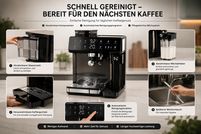 Siebträger-Kaffeemaschine mit Mahlwerk und Milchsystem auf einer Küchenarbeitsfläche