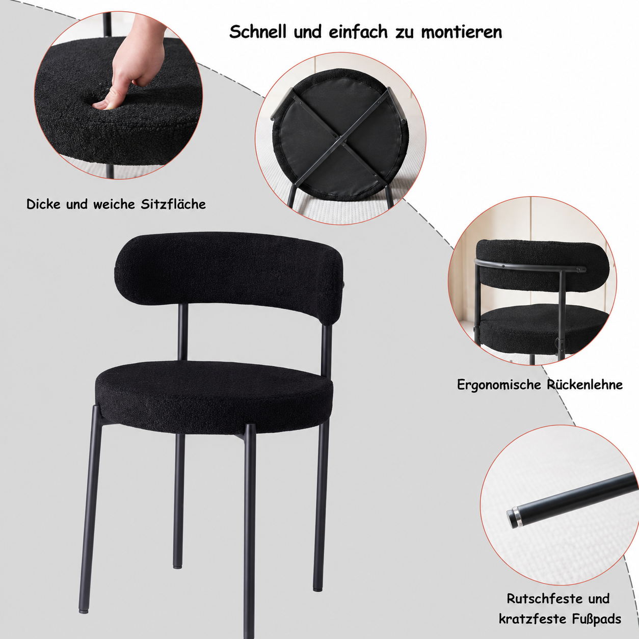 Gepolsterte Esszimmerstühle in Schwarz mit Teddy-Bezug, Polsterdetails und bodenschonenden Fußkappen