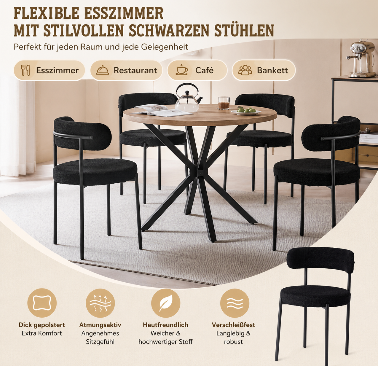 Gepolsterte Esszimmerstühle in Schwarz als moderne Sitzgruppe an einem runden Esstisch
