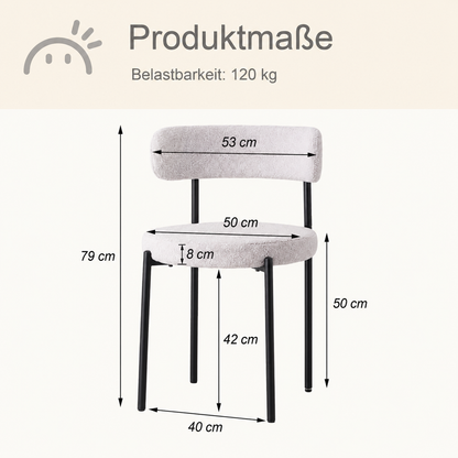 Gepolsterte Esszimmerstühle mit Produktmaßen, Sitzhöhe, Sitzbreite und gebogener Rückenlehne