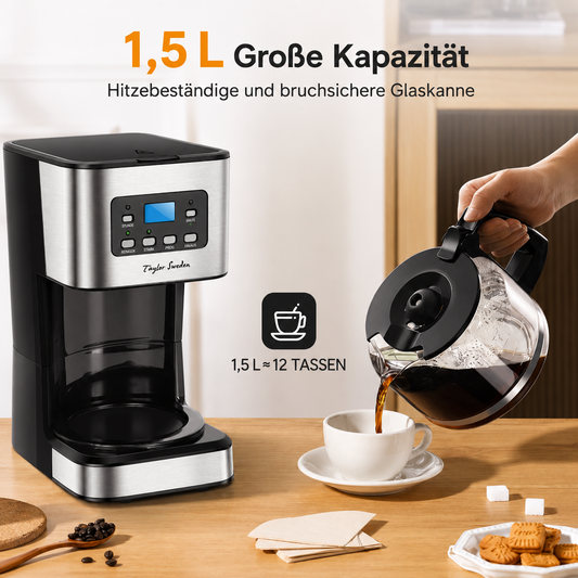 Filterkaffeemaschine 1.5 L mit Glaskanne für bis zu 12 Tassen Kaffee