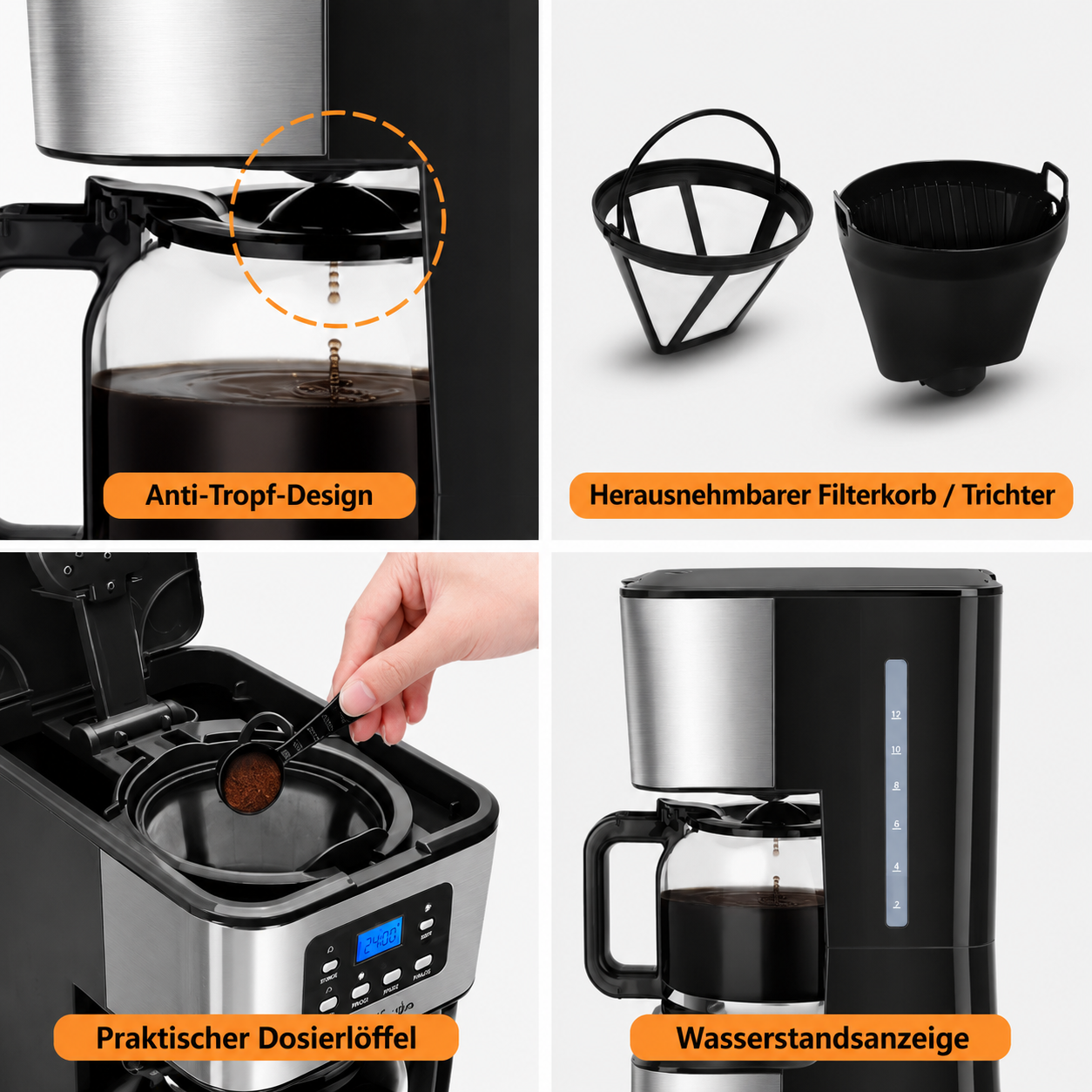 Filterkaffeemaschine 1.5 L – Detailübersicht zu Dauerfilter, Filterkorb und Geräteaufbau