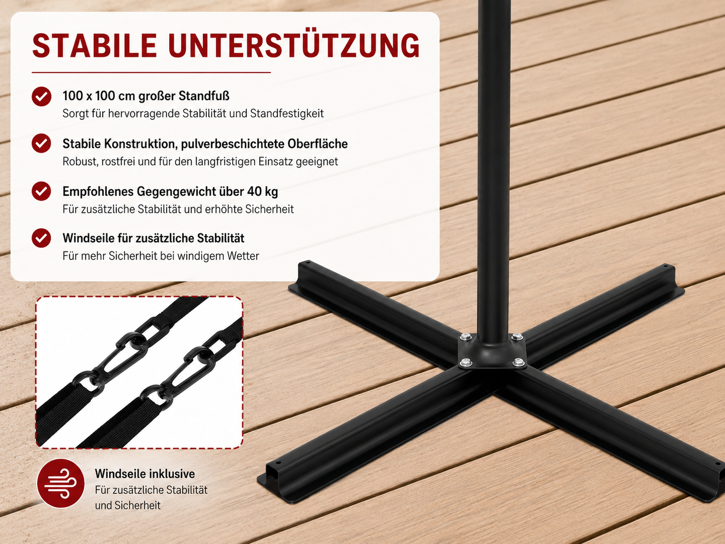 Freiarm Sonnenschirm mit stabilem Kreuzfuß und robustem Metallgestell