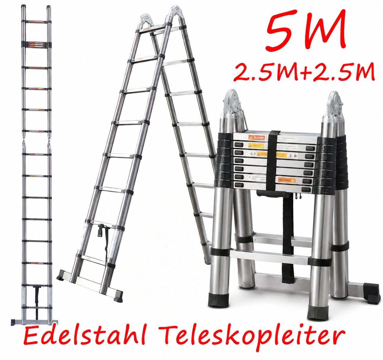 5 m Teleskopleiter aus Edelstahl als Anlegeleiter, A-Leiter und kompakt zusammengeschoben