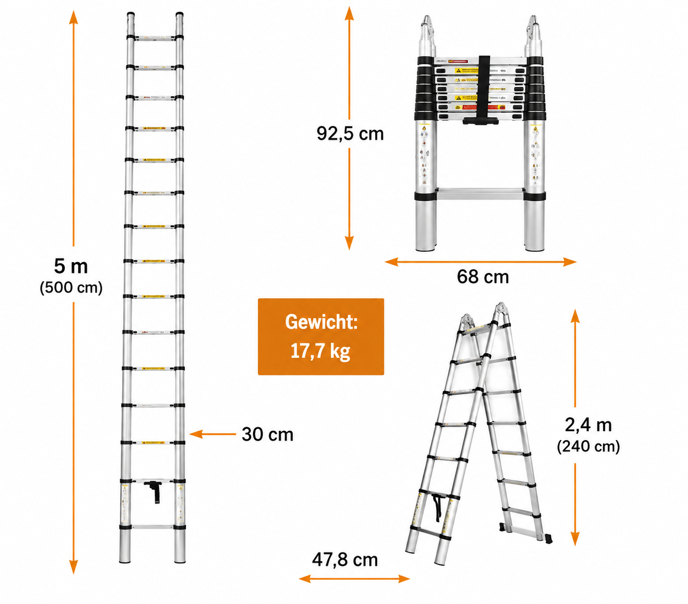5 m Teleskopleiter mit Maßangaben zu Höhe, Breite, Sprossenabstand und A-Leiter-Position