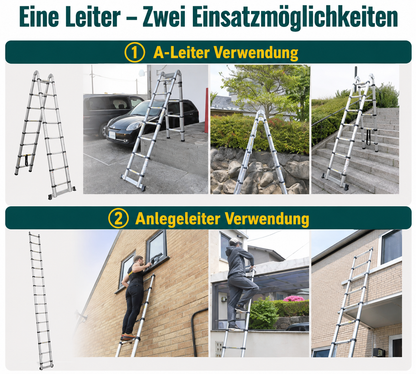 5 m Teleskopleiter in verschiedenen Anwendungen als A-Leiter und gerade Anlegeleiter