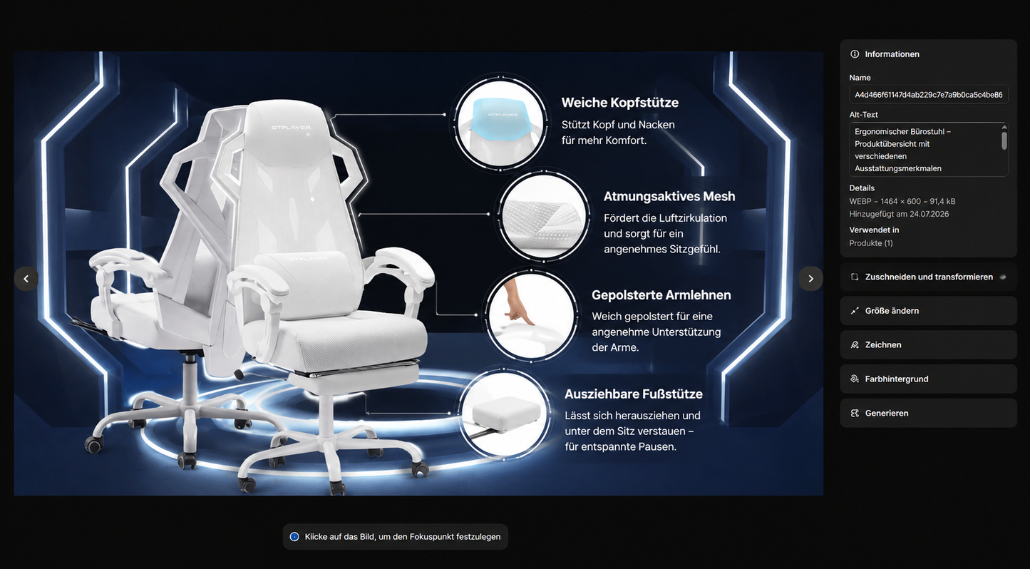 Ergonomischer Bürostuhl – Detailübersicht mit Kopfstütze, Mesh-Rückenlehne, Armlehnen und Fußstütze