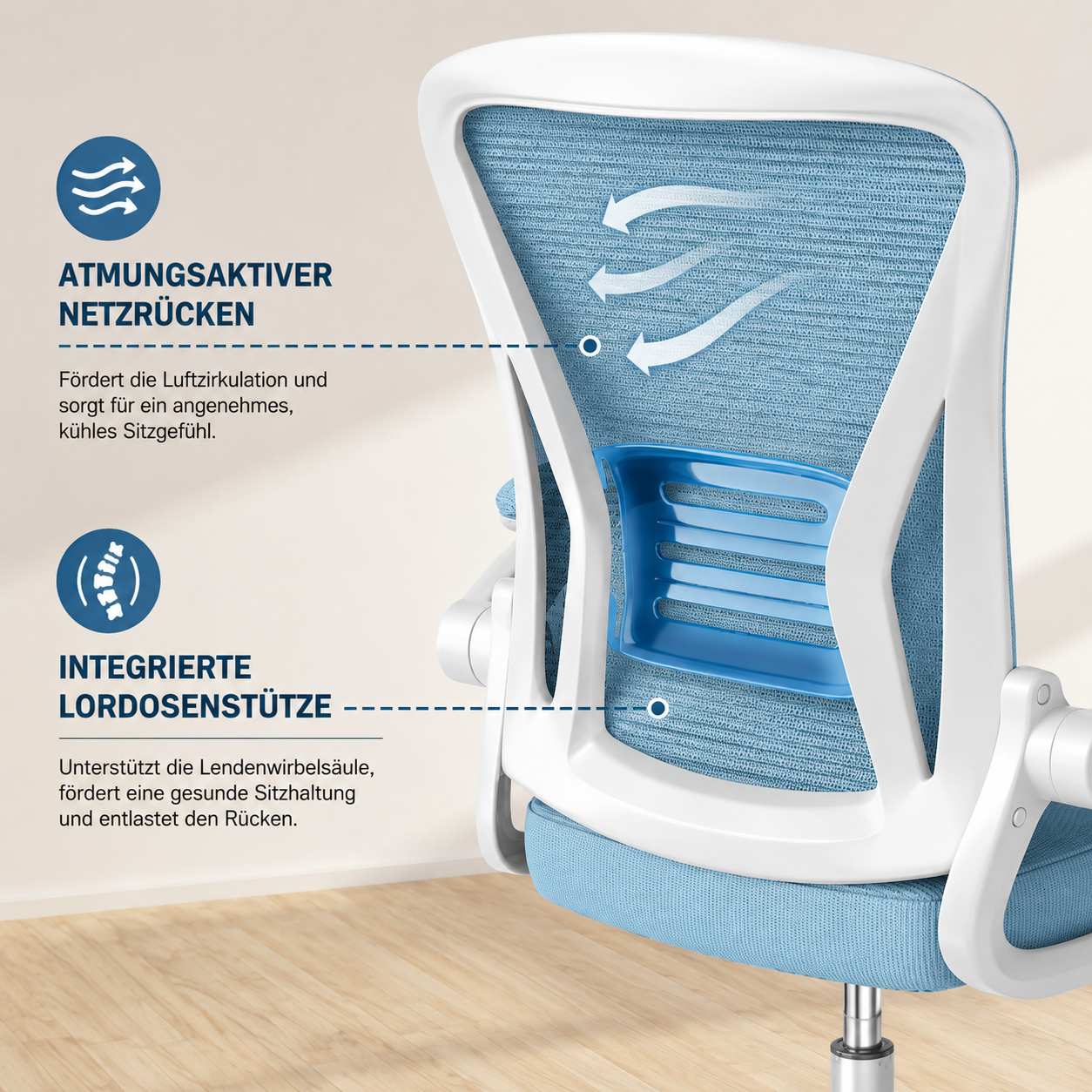 Ergonomischer Bürostuhl mit atmungsaktivem Netzrücken und Lordosenstütze