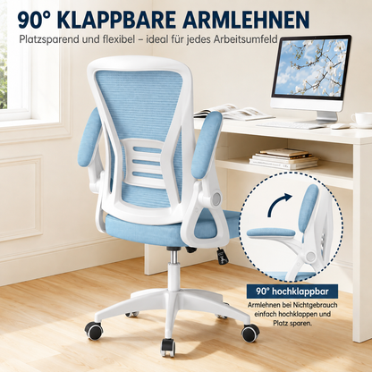 Ergonomischer Bürostuhl mit 90° hochklappbaren Armlehnen am Schreibtisch