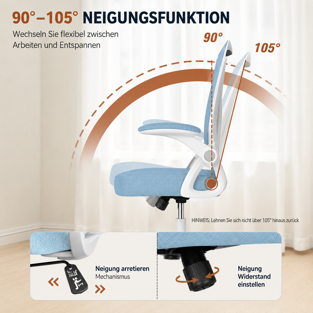 Ergonomischer Bürostuhl mit Neigungsfunktion von 90° bis 105°