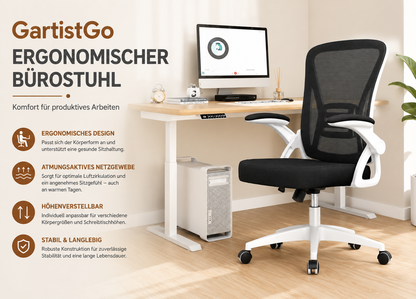 Ergonomischer Bürostuhl mit dargestellten Produktmaßen und Sitzhöhe