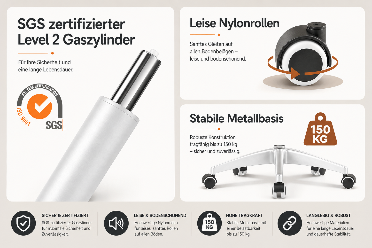 Ergonomischer Bürostuhl mit Gasdruckfeder, Nylonrollen und Metall-Fußkreuz