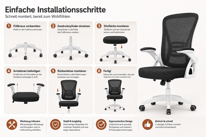 Ergonomischer Bürostuhl mit Darstellung der einzelnen Montageschritte