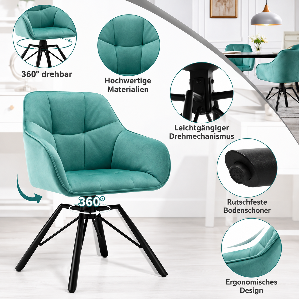 WOLTU 2er-Set Esszimmerstühle mit Armlehnen – 360° drehbar & gepolstert