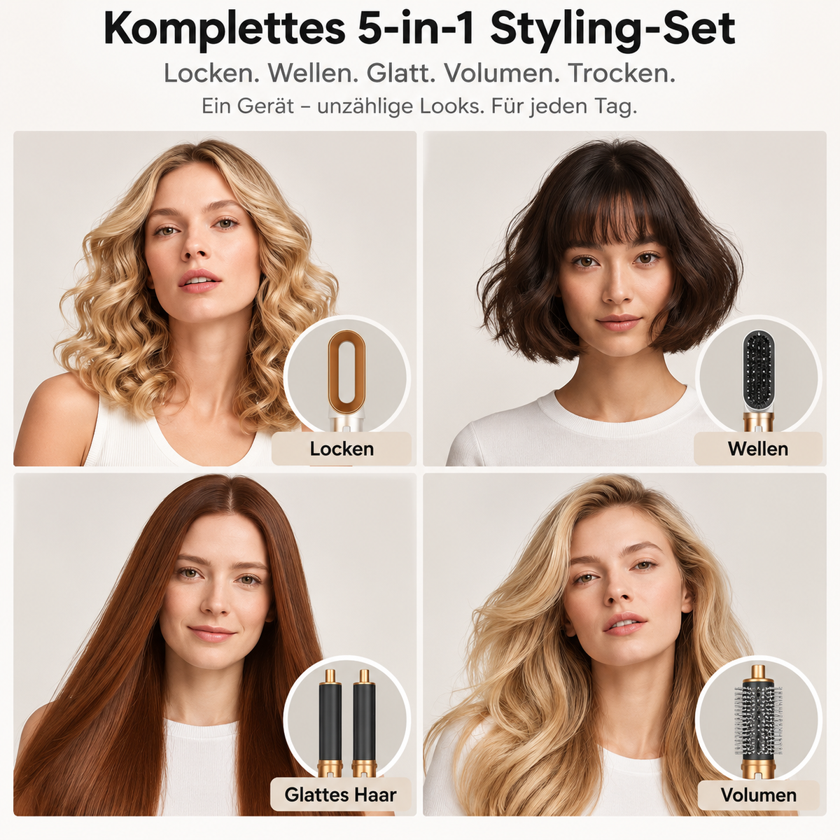 5-in-1 Heißluft-Multistyler mit Lockenaufsätzen, Glättbürste & Föhnfunktion