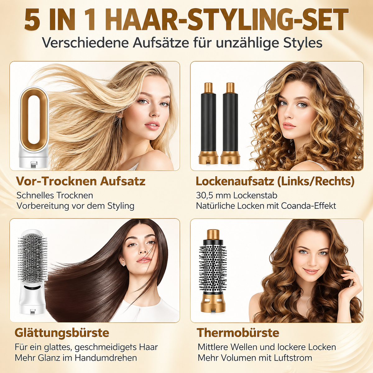 5-in-1 Heißluft-Multistyler mit Lockenaufsätzen, Glättbürste & Föhnfunktion