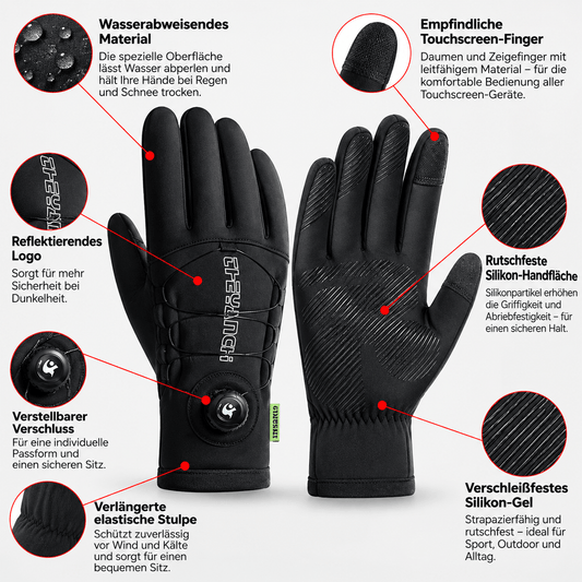 GTUBIKE Thermo-Fahrradhandschuhe mit Detailübersicht zu Material und Ausstattung