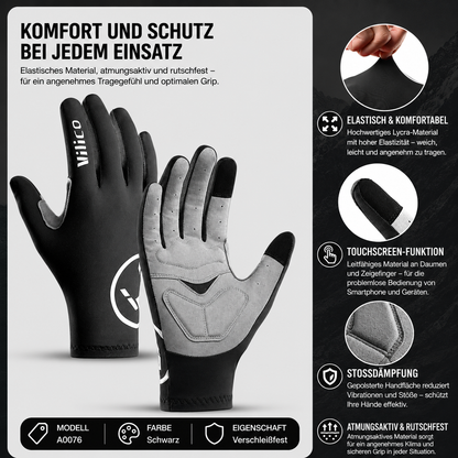 atmungsaktive Radsport-Handschuhe für Damen und Herren Produktübersicht der schwarzen Fahrradhandschuhe. Hervorgehoben werden elastisches Lycra-Material, Touchscreen-kompatible Fingerspitzen, stoßdämpfende Handflächenpolsterung sowie atmungsaktive und rutschfeste Eigenschaften für hohen Tragekomfort und optimalen Schutz.