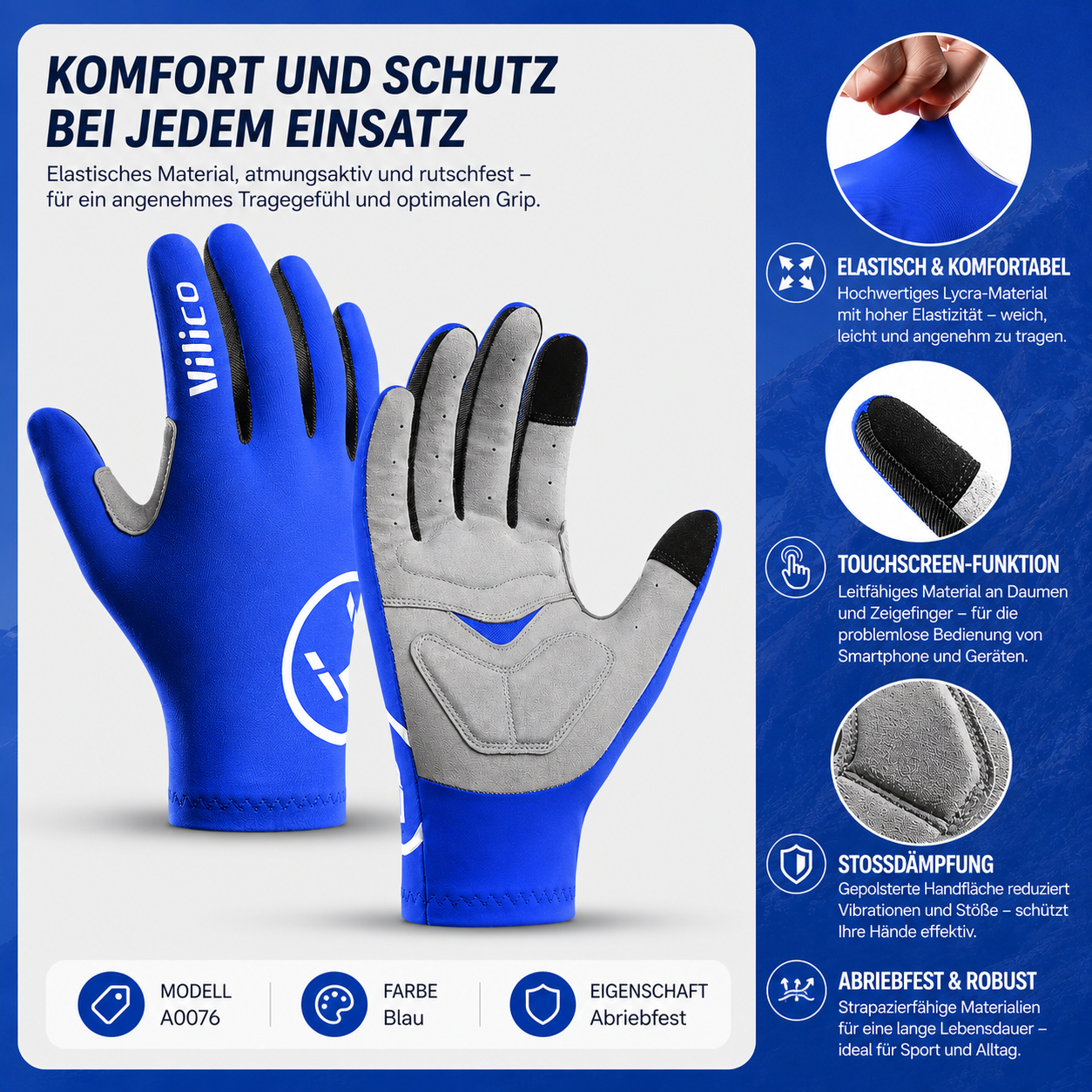 Produktübersicht der blauen Fahrradhandschuhe. Hervorgehoben werden das elastische Lycra-Material für hohen Tragekomfort, die Touchscreen-kompatiblen Fingerspitzen, die stoßdämpfende Handflächenpolsterung sowie die robuste und abriebfeste Verarbeitung für Sport und Alltag.