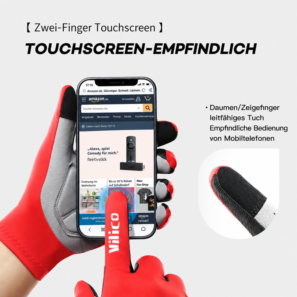 Touchscreen Sport-Handschuhe A0076 mit leitfähigem Daumen und Zeigefinger für präzise Smartphone-Bedienung beim Radfahren, MTB und Outdoor-Sport.