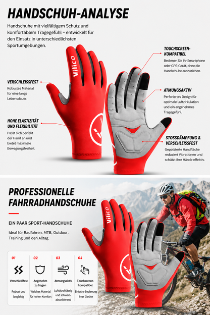 atmungsaktive Radsport-Handschuhe für Damen und Herren für Radfahren, MTB und Outdoor-Aktivitäten mit Touchscreen-kompatiblen Fingerspitzen, atmungsaktivem Material, hoher Elastizität und stoßdämpfender Polsterung.