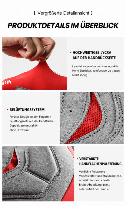 atmungsaktive Radsport-Handschuhe für Damen und Herren Detailansicht der Fahrradhandschuhe mit hochwertigem Lycra auf der Handrückseite, atmungsaktiven Belüftungszonen und verstärkter Handflächenpolsterung für Komfort, Stoßdämpfung und sicheren Halt.