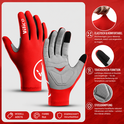 atmungsaktive Radsport-Handschuhe für Damen und Herren Produktübersicht der roten Fahrradhandschuhe Modell A0076. Hervorgehoben werden das elastische und komfortable Lycra-Material, die Touchscreen-kompatiblen Fingerspitzen für Smartphone-Bedienung sowie die stoßdämpfende Handflächenpolsterung für zusätzlichen Schutz und Komfort beim Fahren.