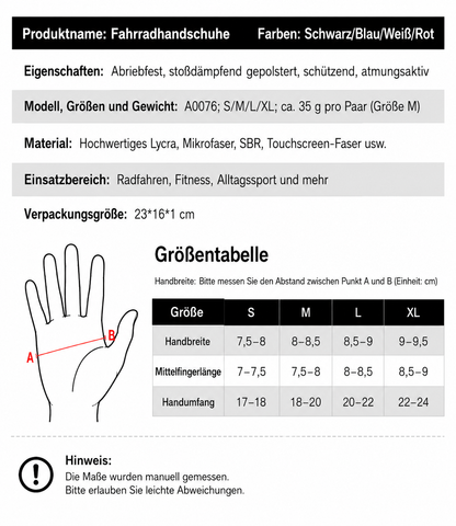 atmungsaktive Radsport-Handschuhe für Damen und Herren Infografik zur Bestimmung der richtigen Handschuhgröße. Die Tabelle zeigt die Größen S, M, L und XL mit Angaben zu Handflächenbreite, Mittelfingerlänge und Handumfang. Zusätzlich veranschaulichen Grafiken die korrekte Messung von Handumfang und Handflächenbreite.