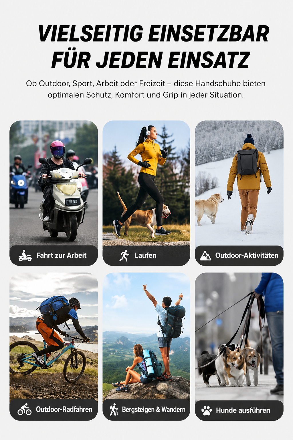 Infografik mit verschiedenen Einsatzmöglichkeiten der Fahrradhandschuhe. Gezeigt werden Personen beim Pendeln, Laufen, Radfahren, Wandern, bei Outdoor-Aktivitäten sowie beim Spaziergang mit Hunden. Die Handschuhe eignen sich für Sport, Freizeit und den täglichen Gebrauch.
