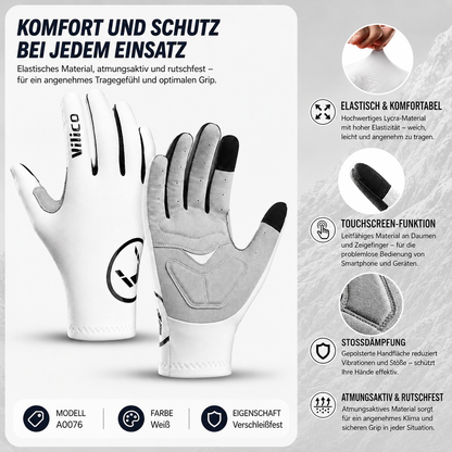 atmungsaktive Radsport-Handschuhe für Damen und Herren Produktübersicht der weißen Fahrradhandschuhe. Dargestellt werden das elastische Lycra-Material für angenehmen Tragekomfort, Touchscreen-kompatible Fingerspitzen für die Bedienung von Smartphones, eine stoßdämpfende Handflächenpolsterung sowie atmungsaktive und rutschfeste Eigenschaften für Sport, Outdoor-Aktivitäten und den Alltag.