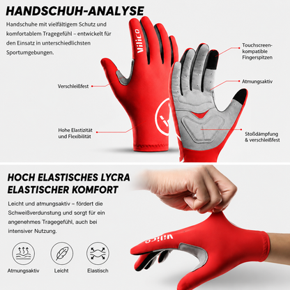 atmungsaktive Radsport-Handschuhe für Damen und Herren mit Touchscreen-kompatiblen Fingerspitzen, atmungsaktivem Lycra-Gewebe, elastischem Tragekomfort und stoßdämpfender Handflächenpolsterung für Radfahren und Outdoor-Sport.