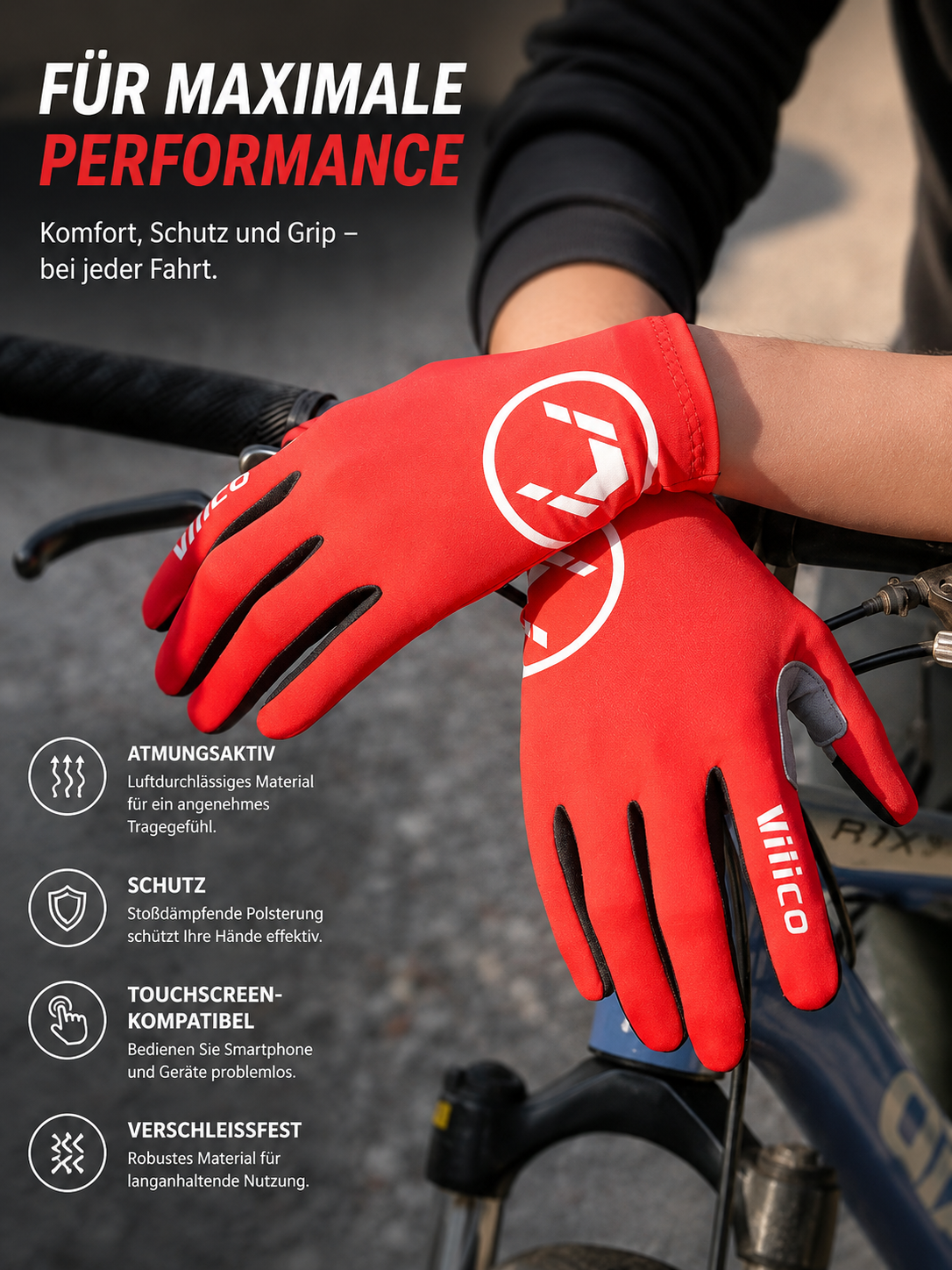 Person trägt rote Fahrradhandschuhe auf einem Fahrrad. Die Handschuhe verfügen über atmungsaktive Materialien, stoßdämpfende Polsterung, Touchscreen-kompatible Fingerspitzen und eine verschleißfeste Verarbeitung für hohen Komfort und Schutz während der Fahrt.