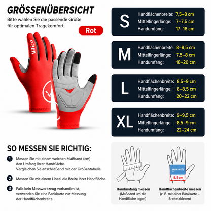 atmungsaktive Radsport-Handschuhe für Damen und Herren Infografik zur Bestimmung der richtigen Handschuhgröße. Die Tabelle zeigt die Größen S, M, L und XL mit Angaben zu Handflächenbreite, Mittelfingerlänge und Handumfang. Zusätzlich veranschaulichen Grafiken die korrekte Messung von Handumfang und Handflächenbreite.
