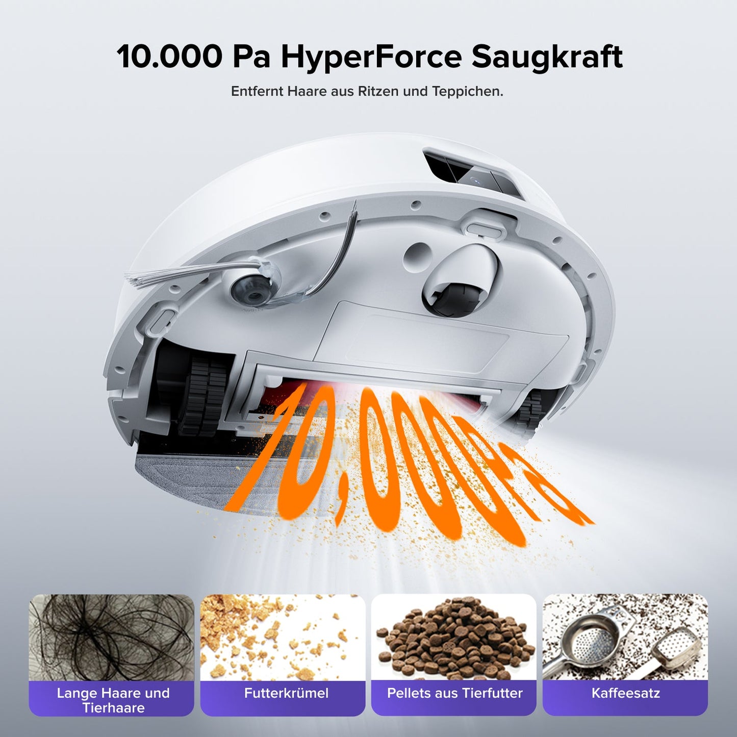 Roborock Q10 S5+ mit 10.000 Pa HyperForce-Saugkraft zur Aufnahme von Alltagsschmutz